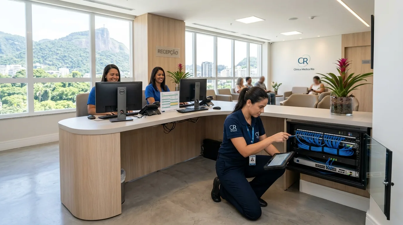 Técnico de suporte de TI verificando rack de rede na recepção de uma clínica no Rio de Janeiro, com computadores e prontuário eletrônico em uso