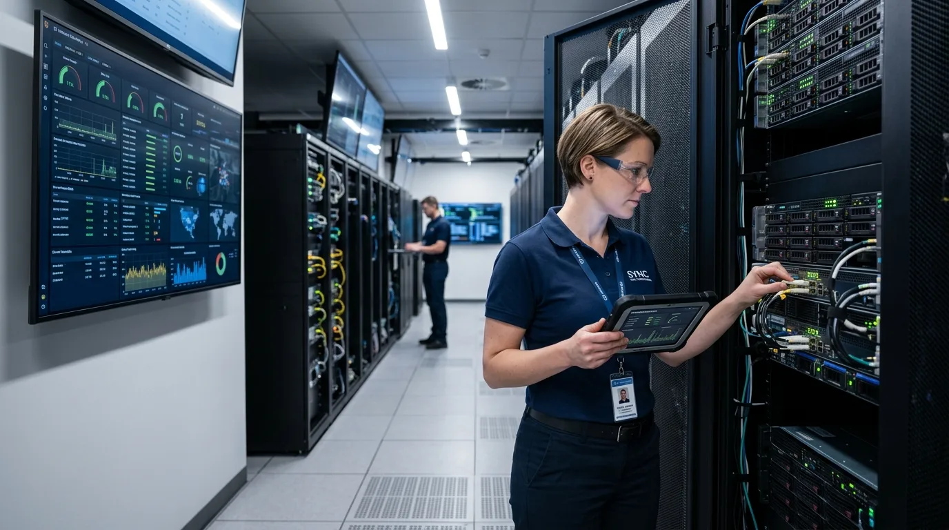 Técnico de TI realizando manutenção preventiva em servidores empresariais em um data center no Rio de Janeiro