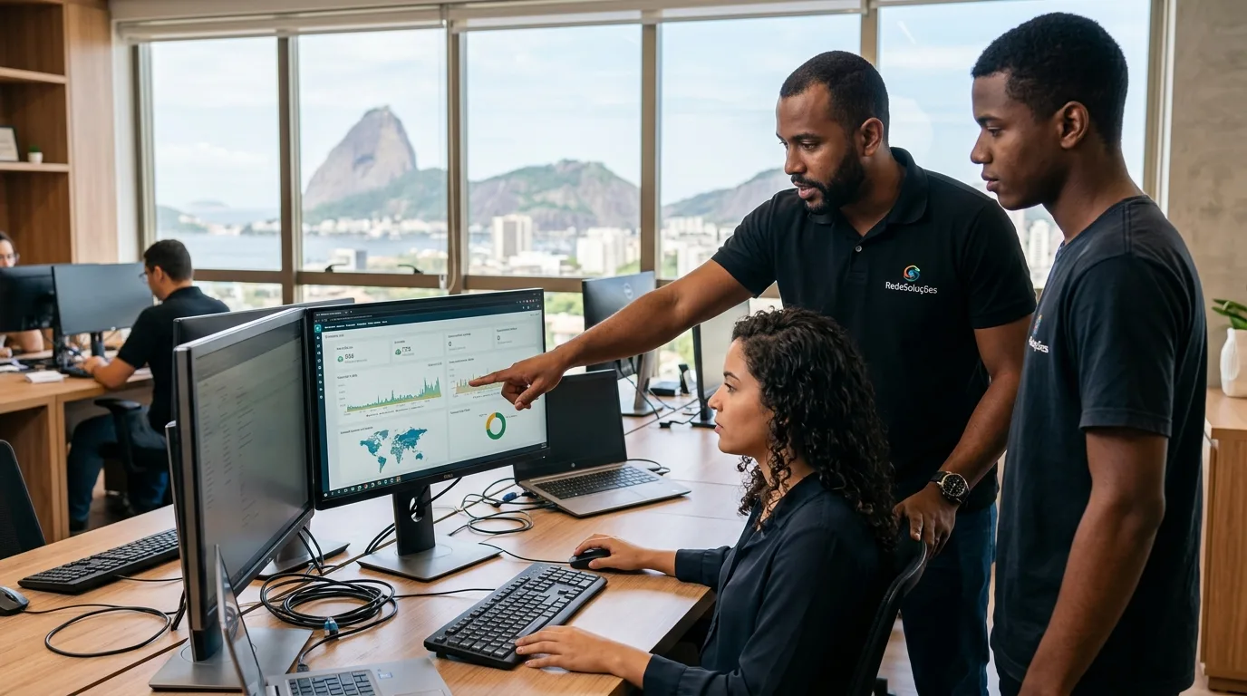 Equipe de TI terceirizada atende PME brasileira em escritório no Rio de Janeiro, com notebook, monitoramento de rede ao fundo e ambiente corporativo moderno