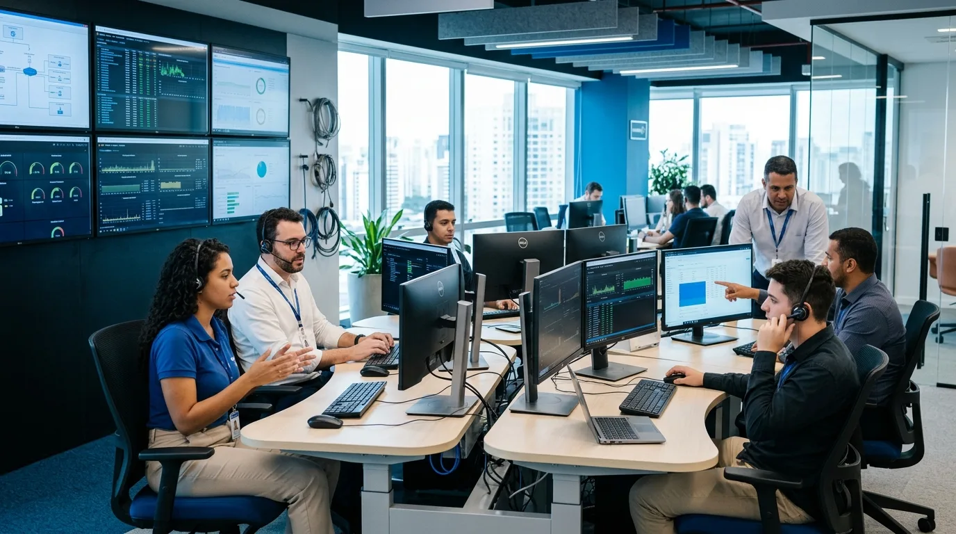 Técnicos de uma empresa de terceirização de TI monitorando servidores em um Data Center no Brasil