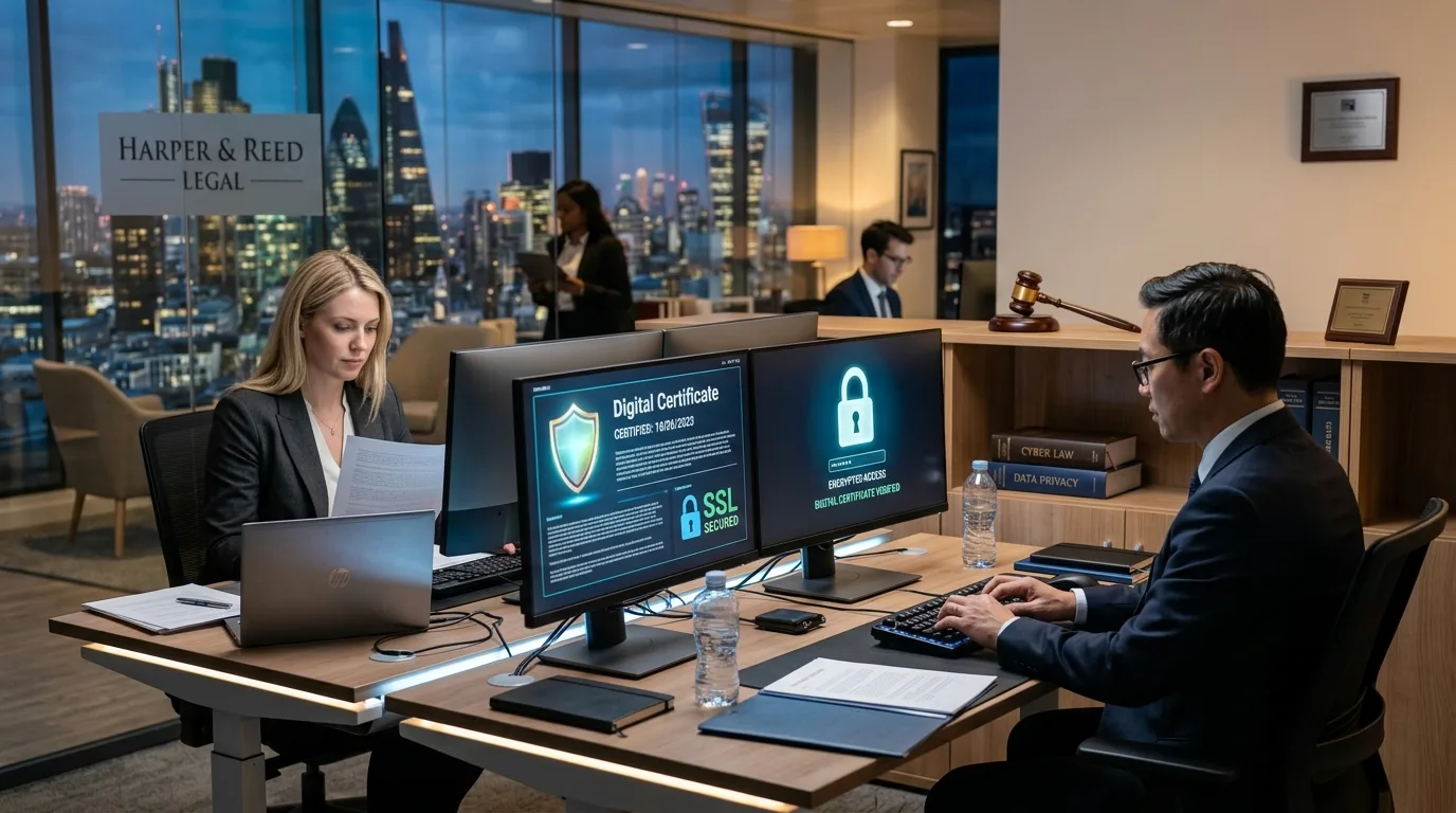 Escritório de advocacia moderno com computadores exibindo certificados digitais e símbolos de segurança cibernética, representando integração com o PJe e proteção de dados.