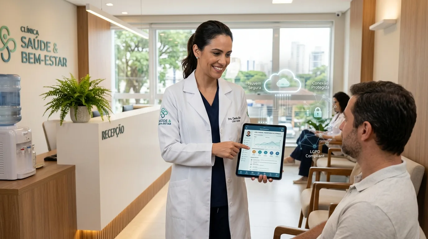 Médico utilizando tablet com prontuário eletrônico em clínica moderna, com ícones de segurança, nuvem e rede ao fundo.