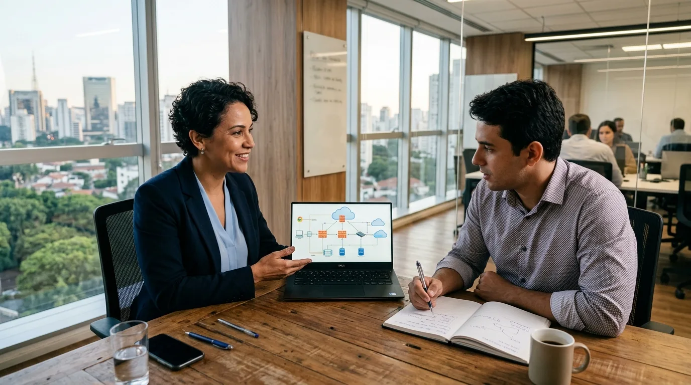 Consultor de TI apresentando diagnóstico para escritório em São Paulo