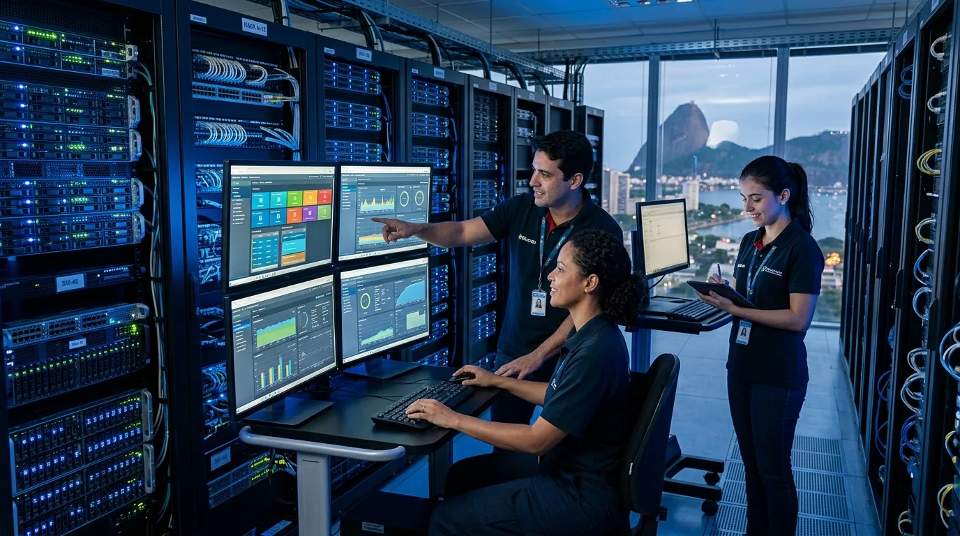 Técnicos de TI configurando servidores virtualizados em datacenter no Rio de Janeiro com monitoramento em telas