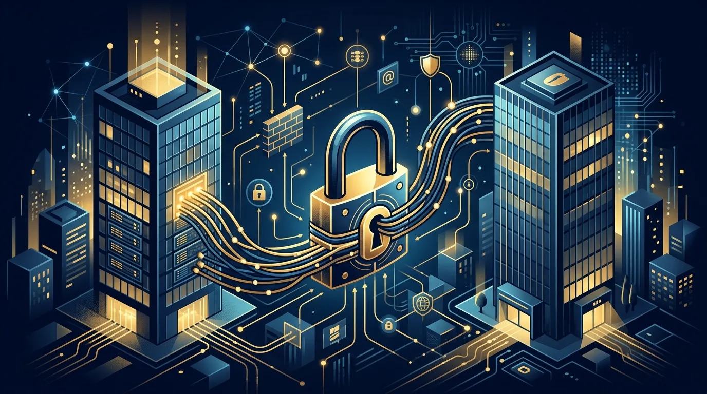 Cadeado digital em uma rede que conecta dois prédios empresariais, representando os riscos de VPN insegura entre matriz e filial