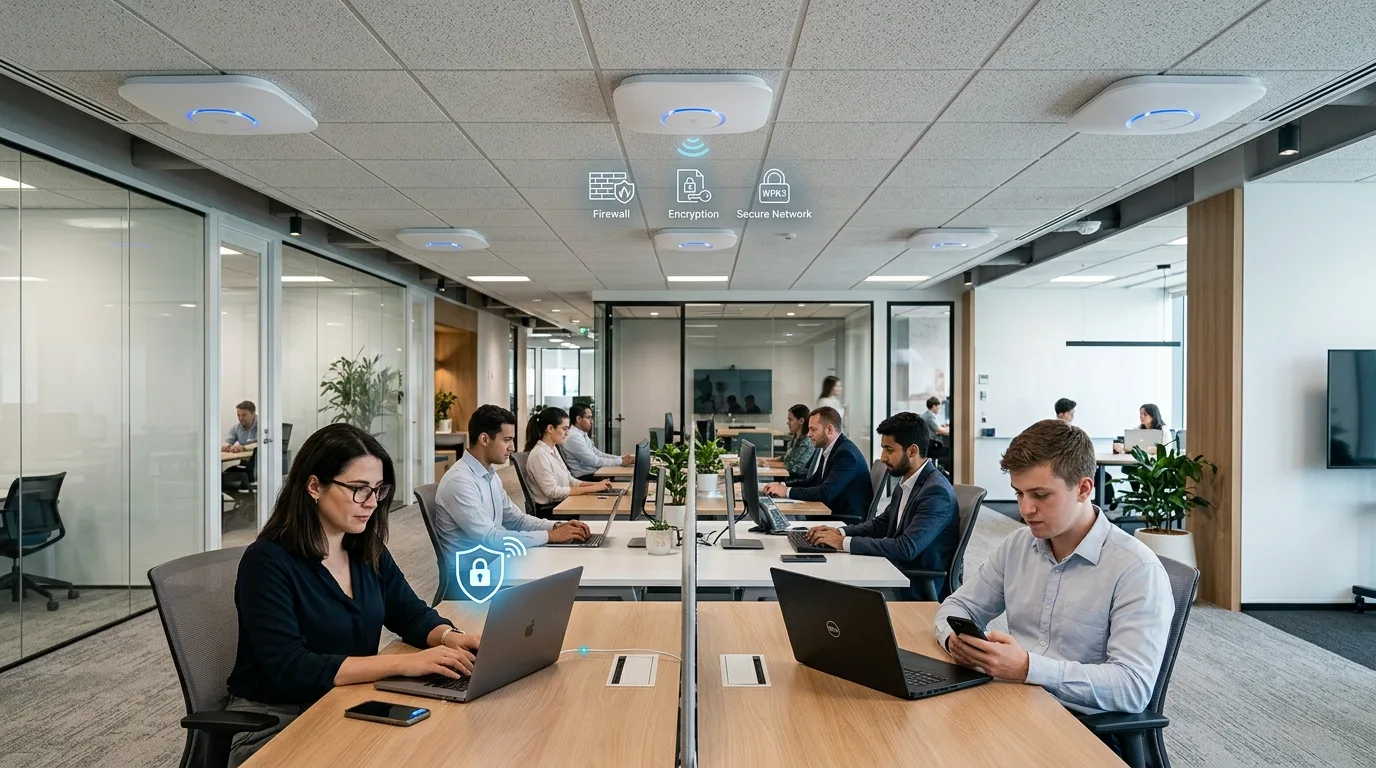 Escritório moderno com conexão Wi-Fi corporativa segura, acesso points no teto, funcionários usando laptops e smartphones, elementos de segurança como firewall e criptografia