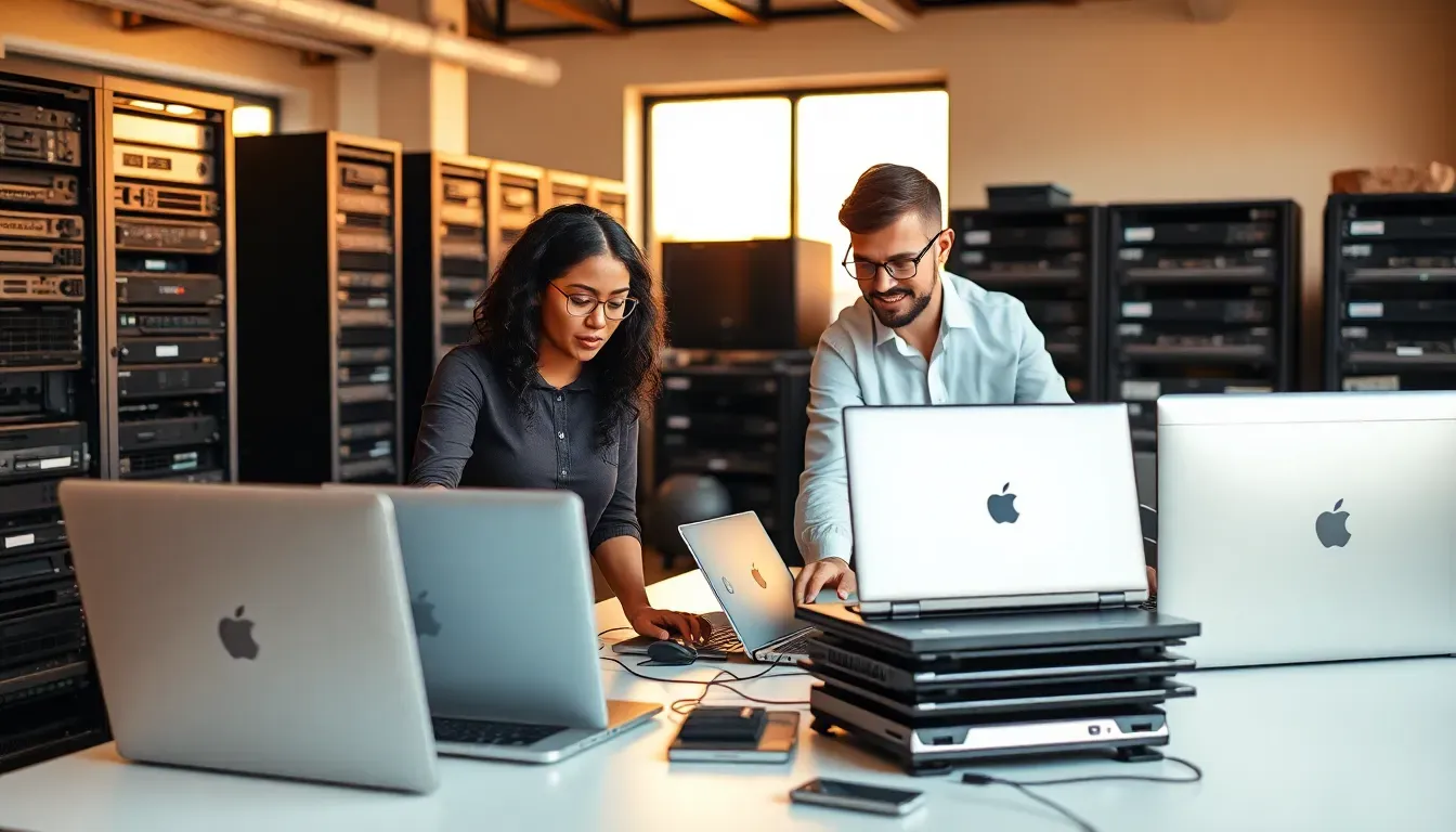 Técnico da Simples Solução TI recondicionando notebook corporativo em bancada com equipamentos de teste e etiquetas de rastreamento