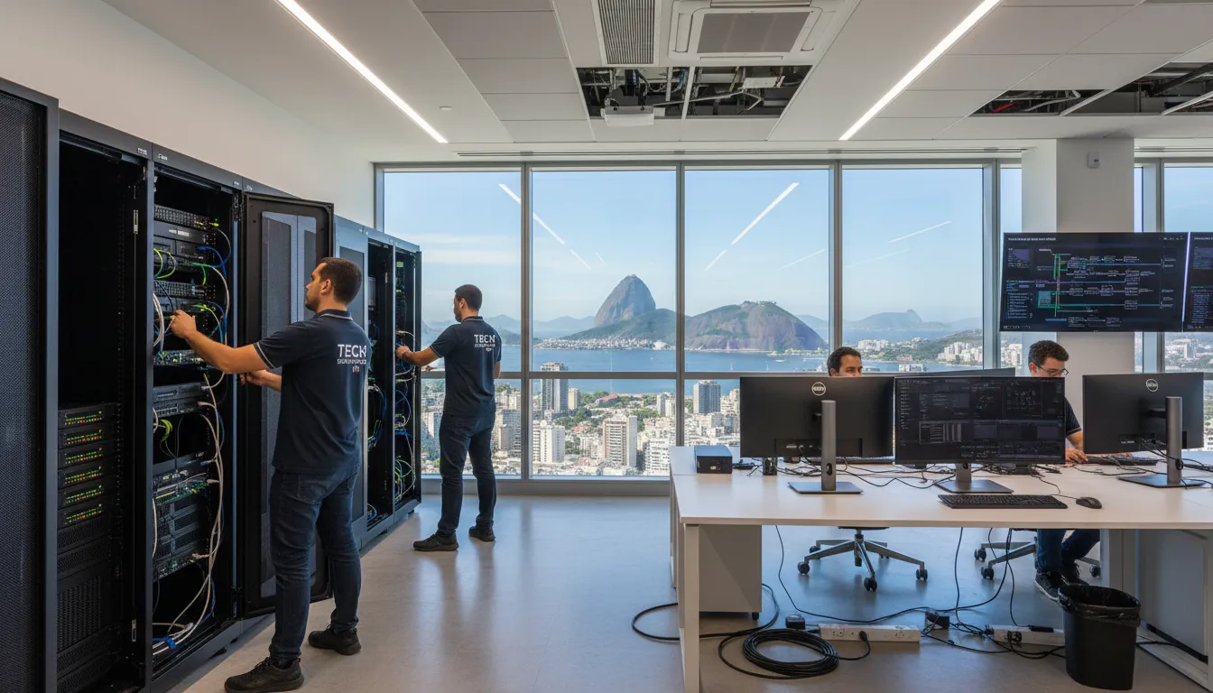 Técnico de TI da Simples Solução TI atendendo presencialmente um escritório no Rio de Janeiro, com equipamentos de rede e servidor ao fundo.