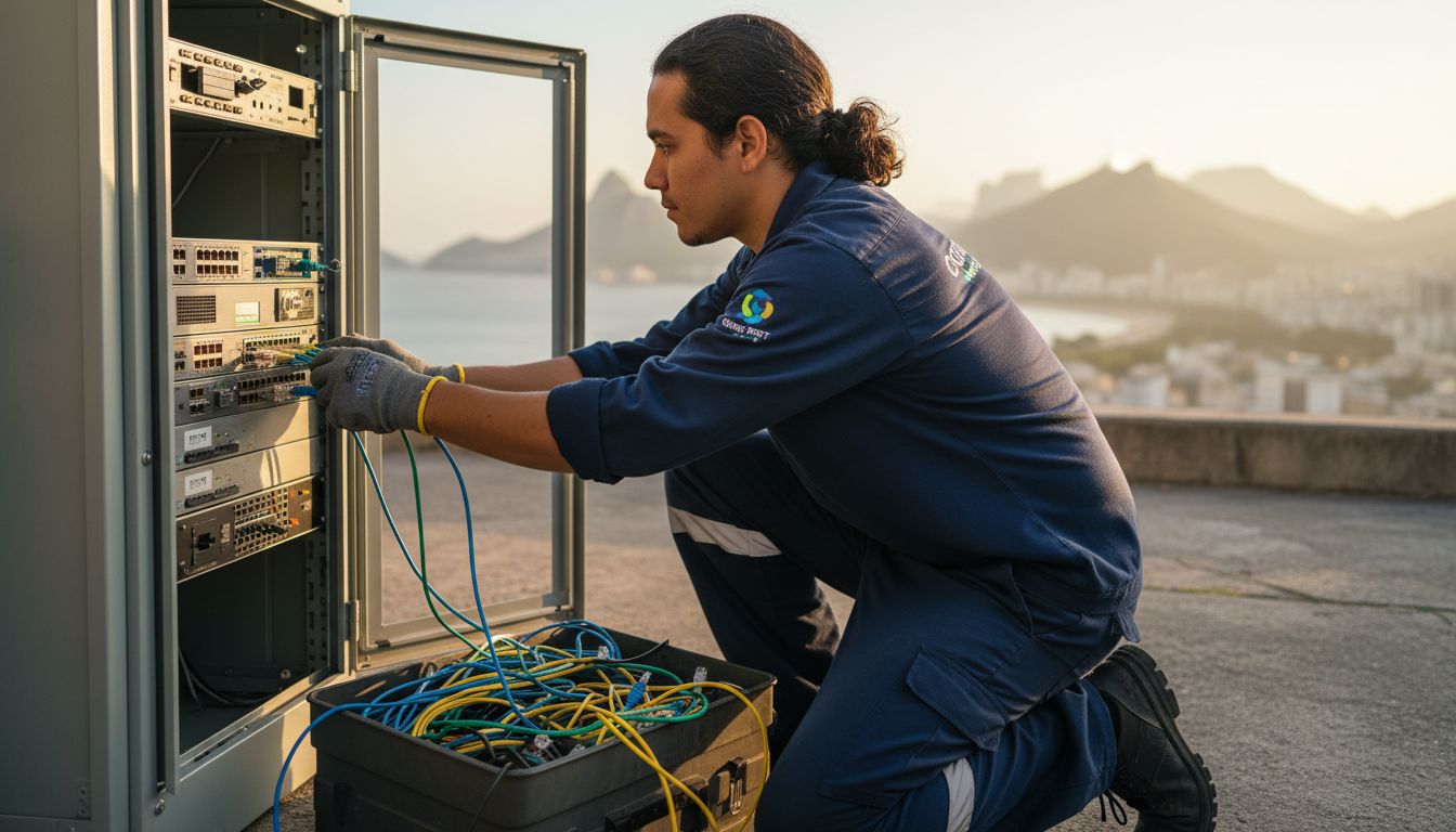 Técnico de field service TI no Rio de Janeiro verificando roteador e documentando checklist em notebook