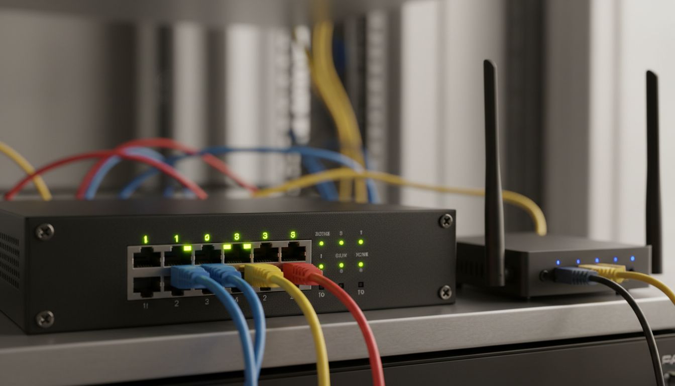 Equipamento firewall com indicadores de rede protegendo servidores em uma empresa de pequeno porte no Brasil.