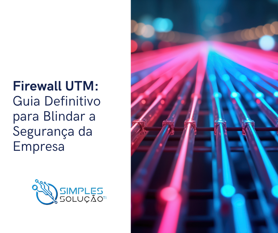 Firewall UTM em rack de servidor, com cabos de rede e luzes indicando atividade de dados protegidos.