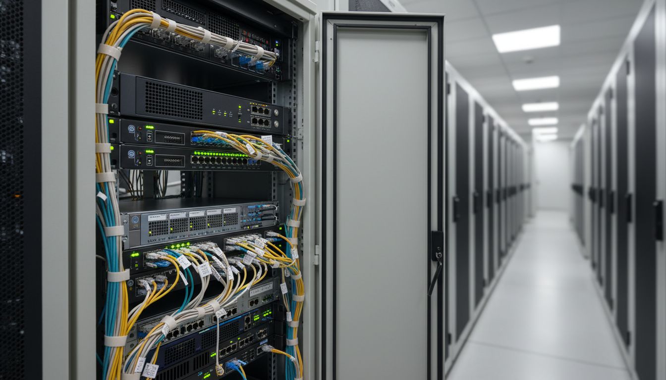 Painel de gestão de firewall com regras, logs de auditoria e indicadores de continuidade em operação no Rio de Janeiro e São Paulo
