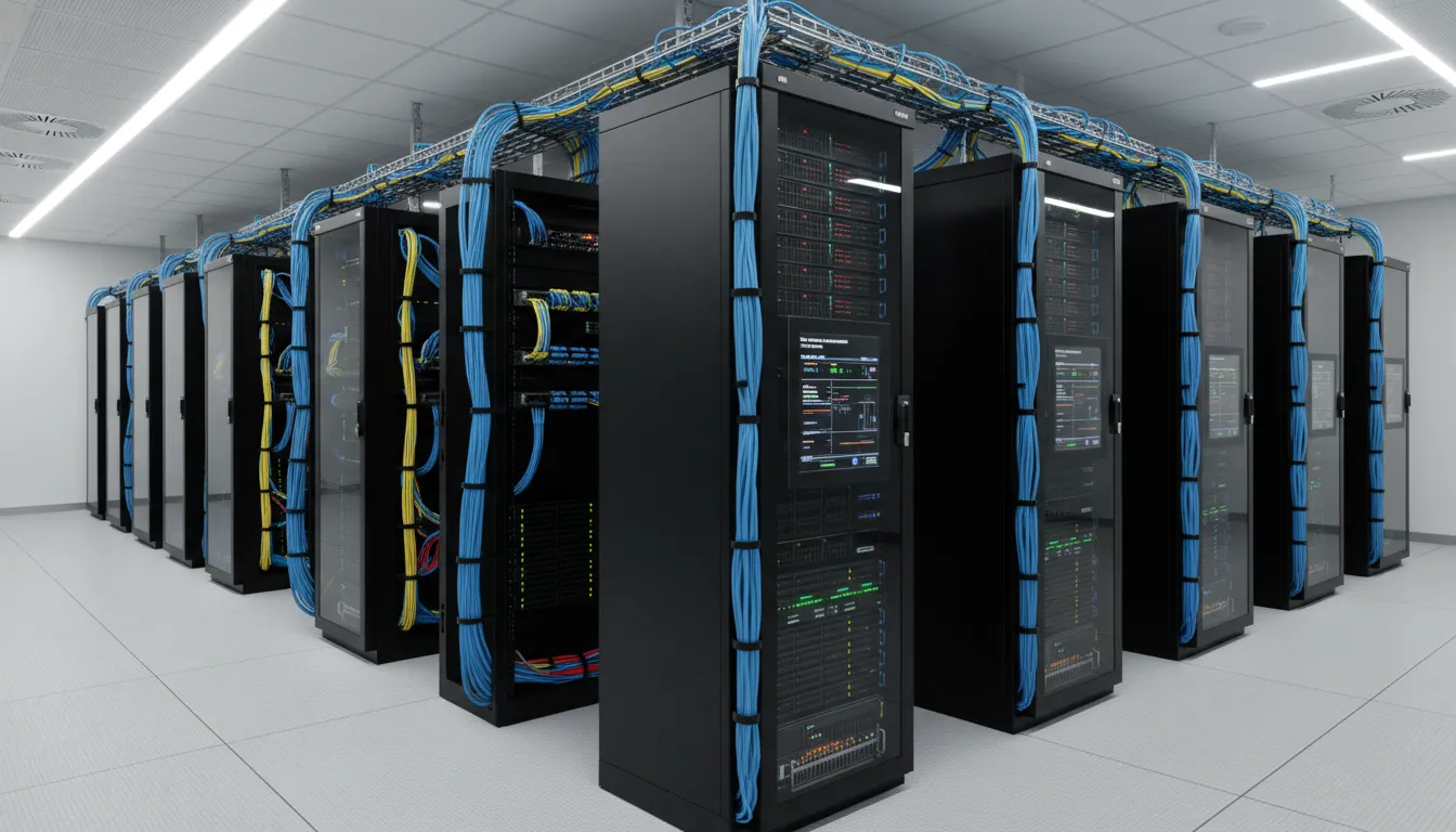 Técnico de TI ajustando switch em rack de rede organizado, com cabos identificados em empresa corporativa.
