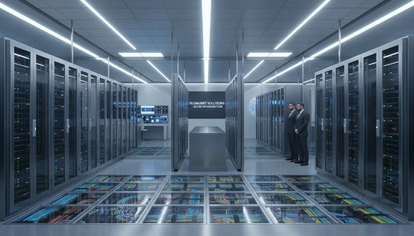 Técnico configurando switch gerenciável e firewall em rack de rede corporativa de empresa B2B