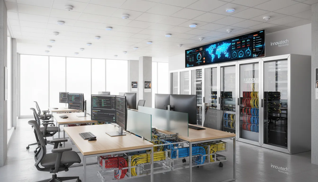 Rack de infraestrutura de rede com switch, patch panel e cabeamento estruturado em escritório corporativo