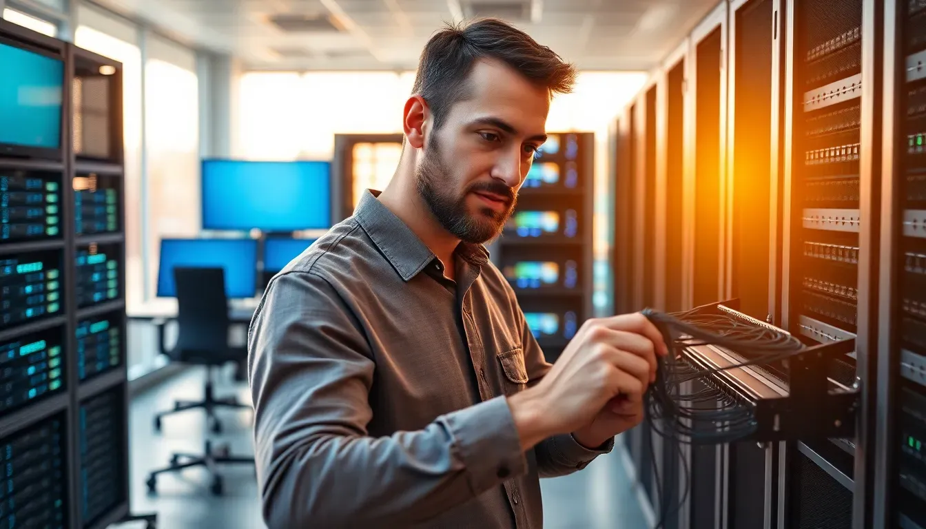 Técnico de TI configurando servidor e rede 10GbE em escritório de engenharia no Rio de Janeiro