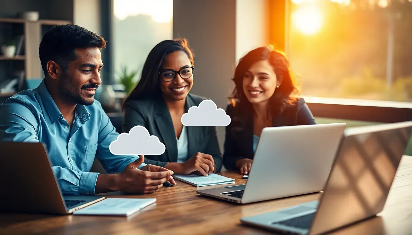 Migração parcial para nuvem em PME: diagrama de arquitetura híbrida com servidor local e nuvem conectados, mostrando fluxo de dados e backup.