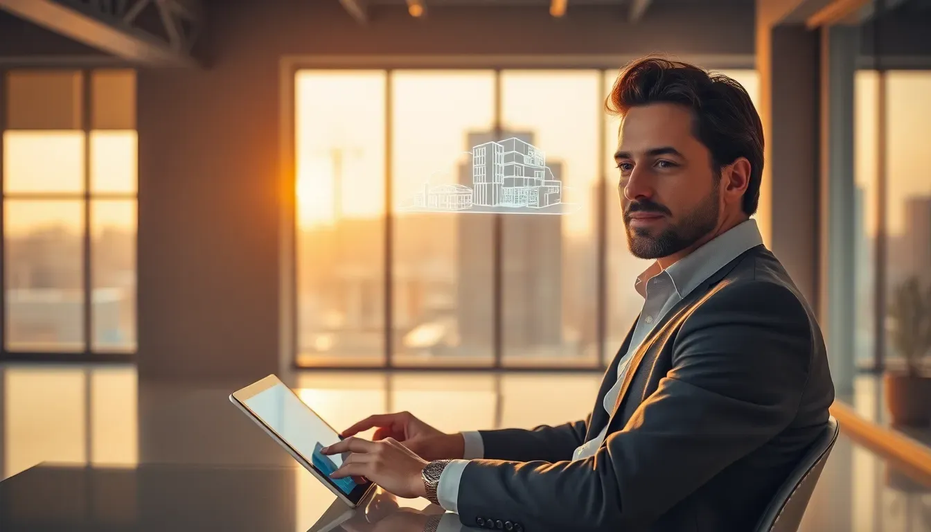 Armazenamento em nuvem para projetos de arquitetura: arquiteto acessando modelo BIM no tablet em um canteiro de obras