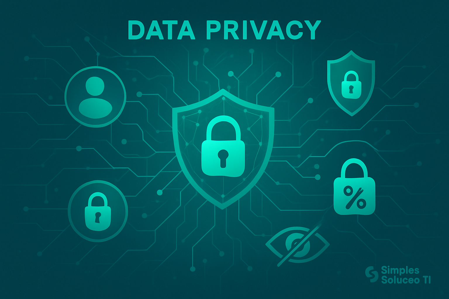 Consultor da Simples Solução TI revisando políticas de privacidade de dados em um notebook com cadeado e documentos LGPD.