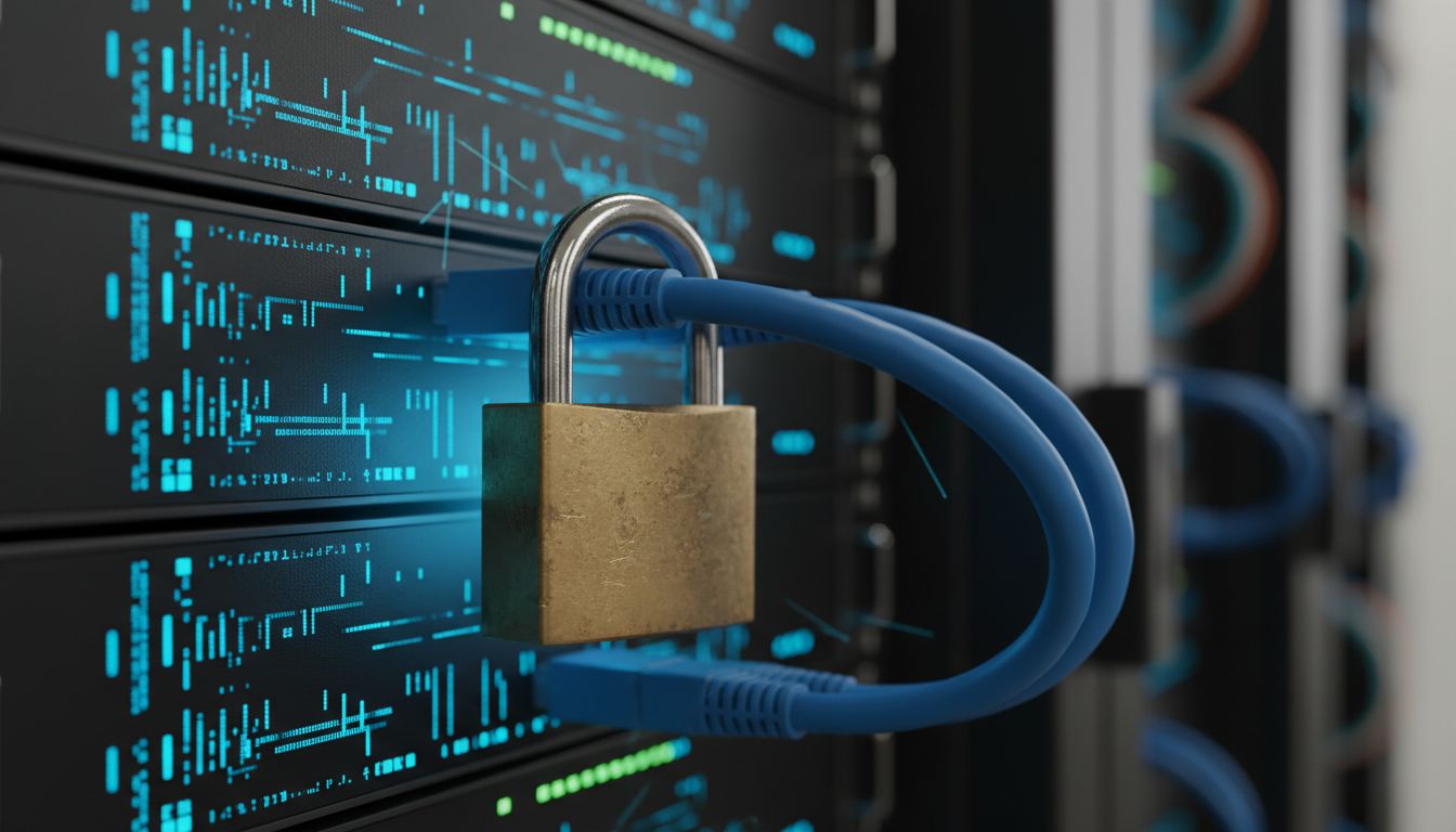 Ilustração de proteção contra ransomware em PME com firewall, backup e autenticação multifator