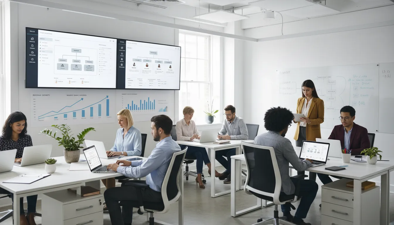 Equipe de PME analisando painéis de ERP e CRM em um escritório moderno e tecnológico.