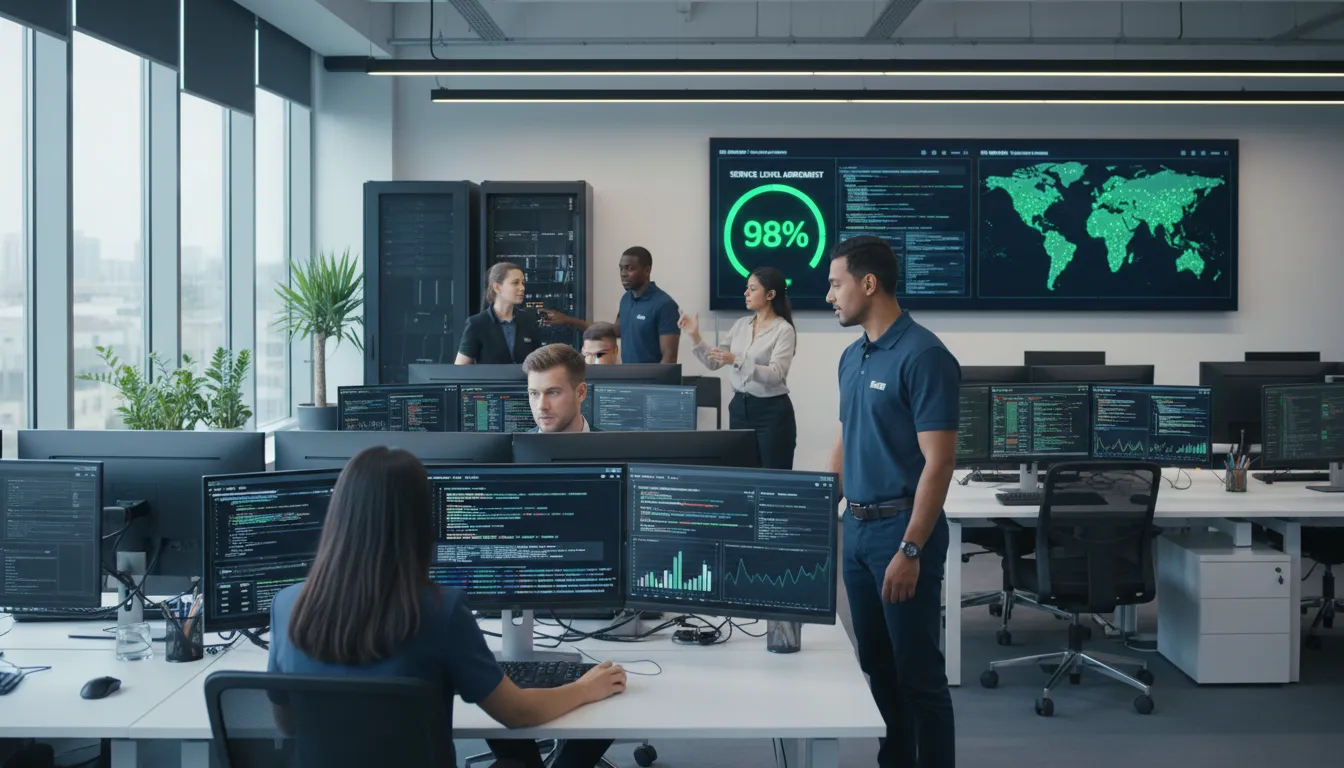 Painel de controle de Service Desk mostrando fila de chamados e indicadores de SLA em uma empresa de TI
