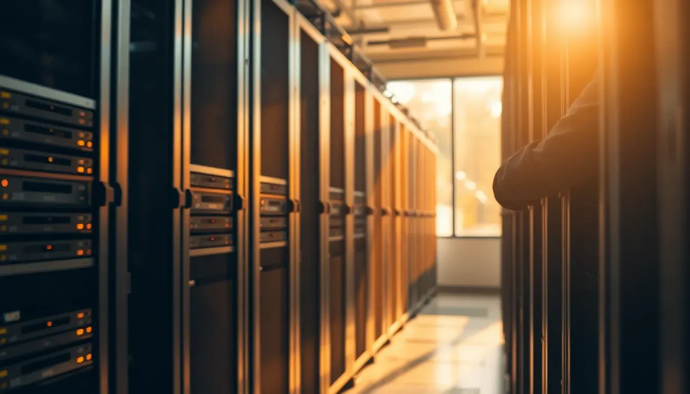 Servidor rack com módulos de memória e discos sendo inspecionado por técnico.