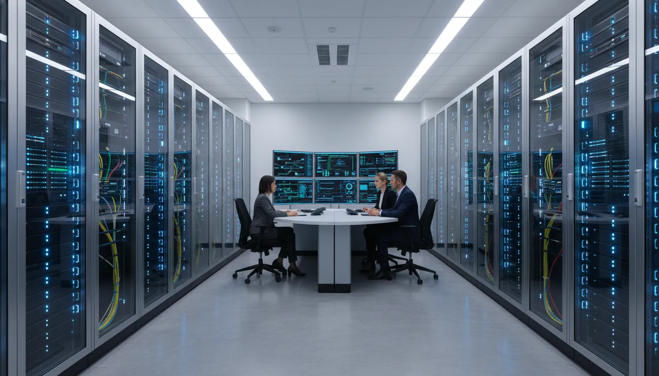 Técnico da Simples Solução TI analisando servidor em rack no data center do Rio de Janeiro
