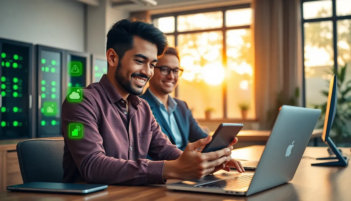 Servidor eficiente em data center com indicadores de consumo energético e economia de custos.