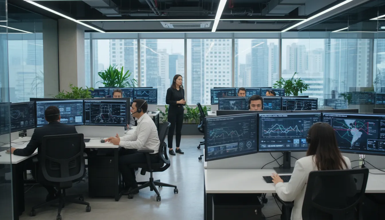 Técnico de TI configurando PABX em nuvem para telefonia VoIP em escritório corporativo no Rio de Janeiro, com foco em QoS e cabeamento estruturado.
