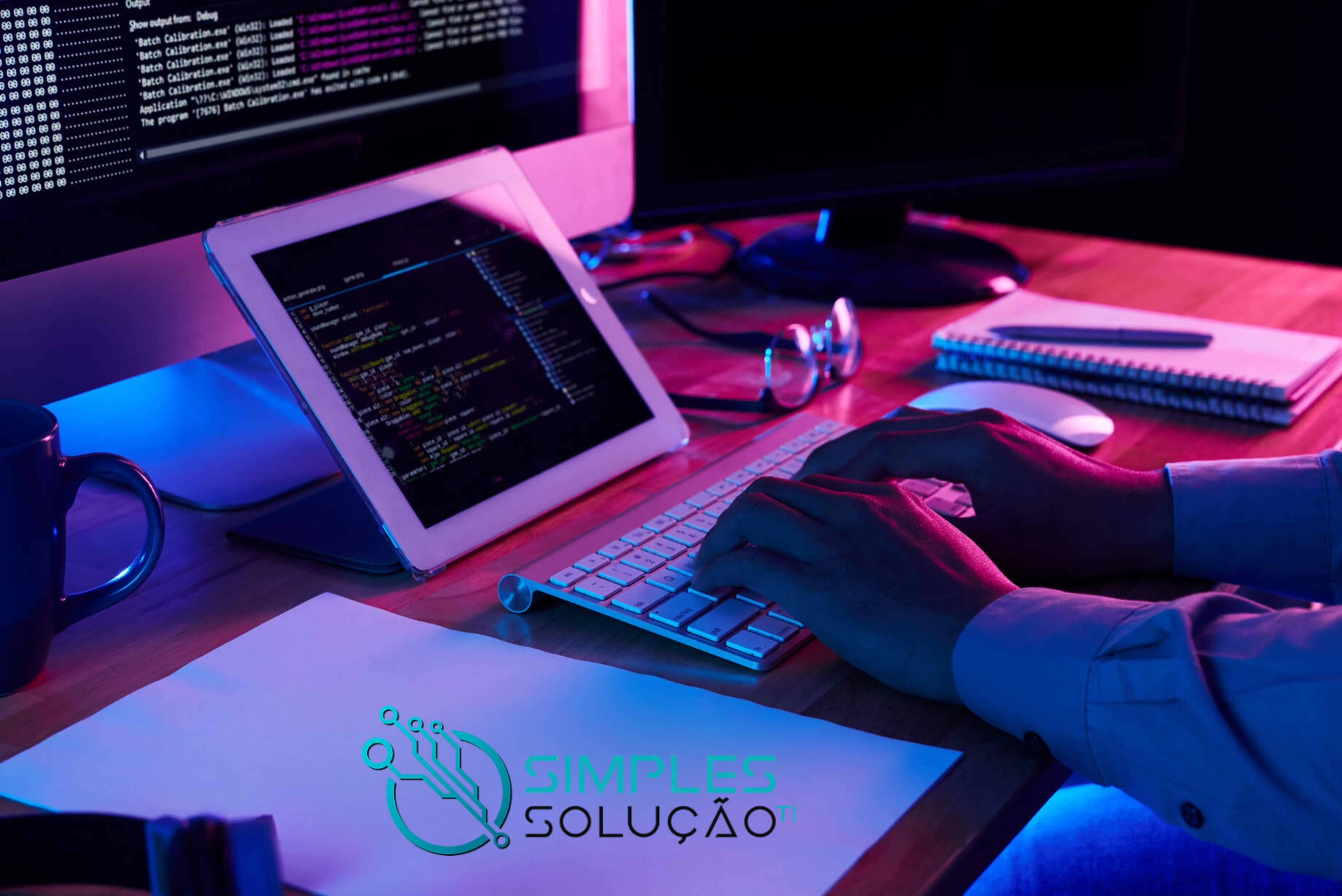 Técnico da Simples Solução TI monitorando painel de servidores em um escritório corporativo no Rio de Janeiro.