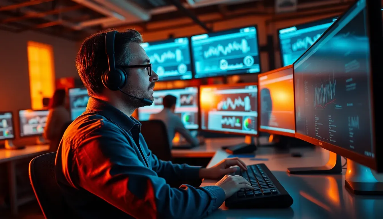 Analista de segurança investigando telemetria de ameaças em um SOC com dashboards de detecção