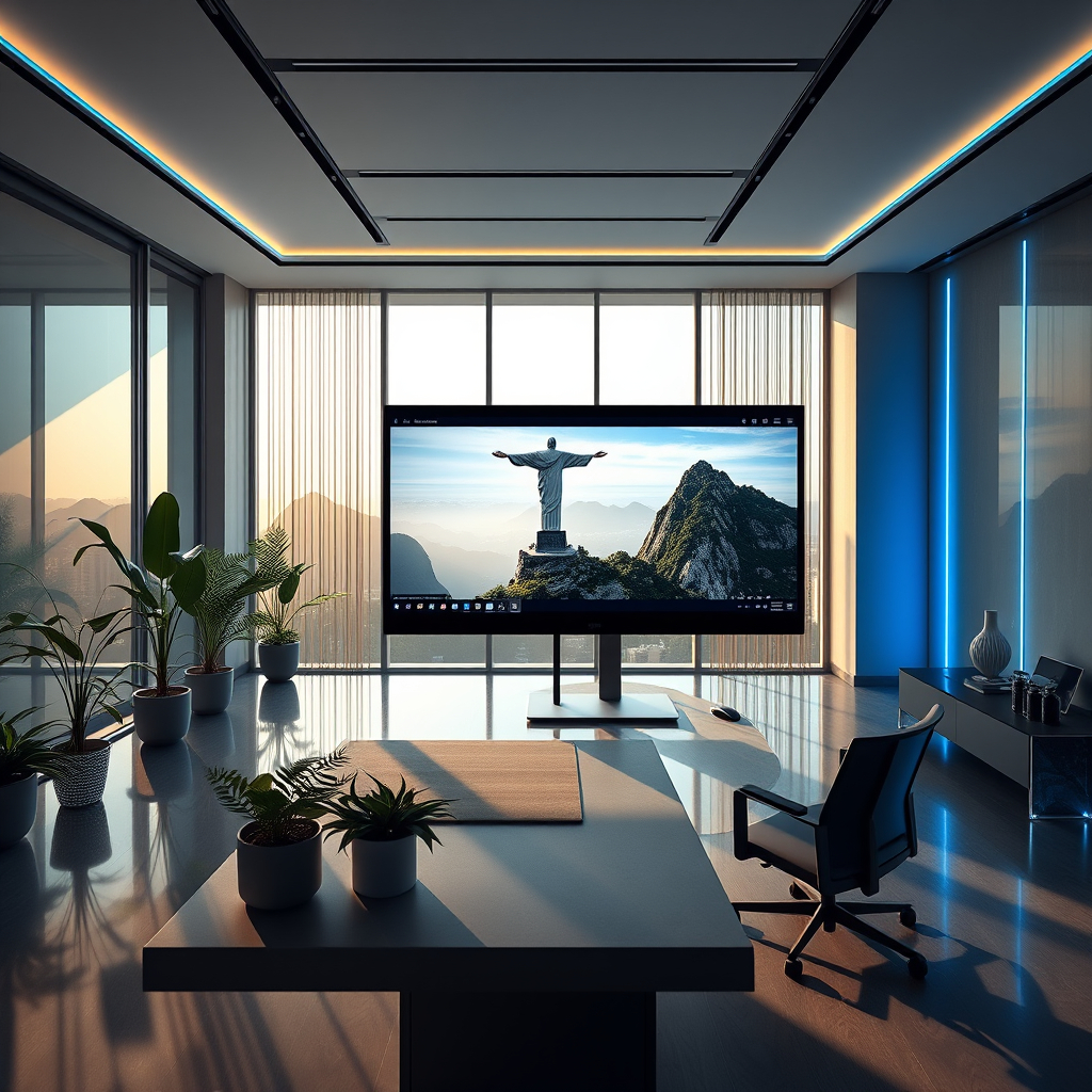 Arquiteta trabalhando em projeto 3D em monitor calibrado, com workstation equipada com GPU NVIDIA RTX e infraestrutura de rede 10GbE ao fundo, em escritório de arquitetura no Rio de Janeiro.