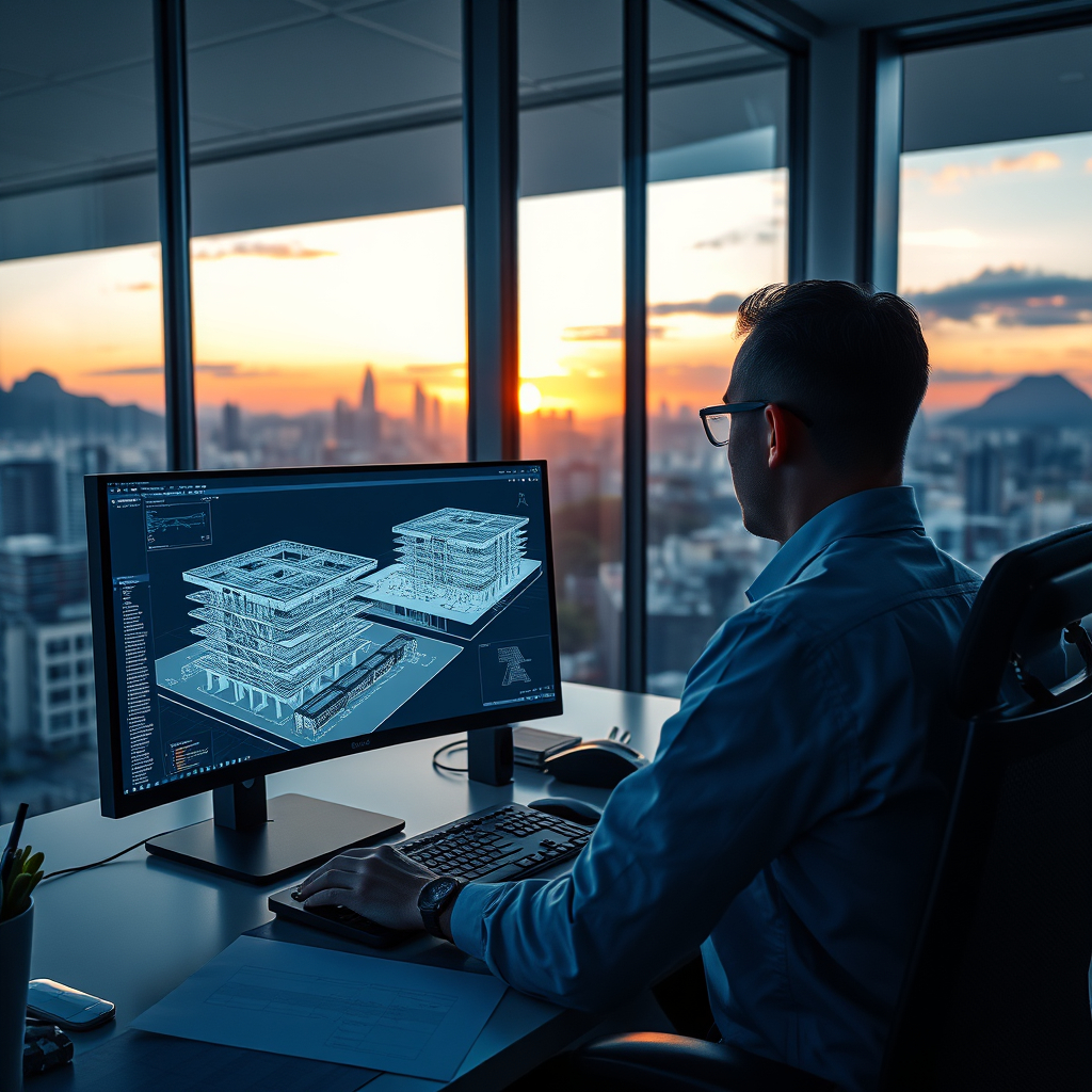 Engenheiro no Rio de Janeiro usando workstation com software BIM e infraestrutura de rede de alta performance, com backup em nuvem.