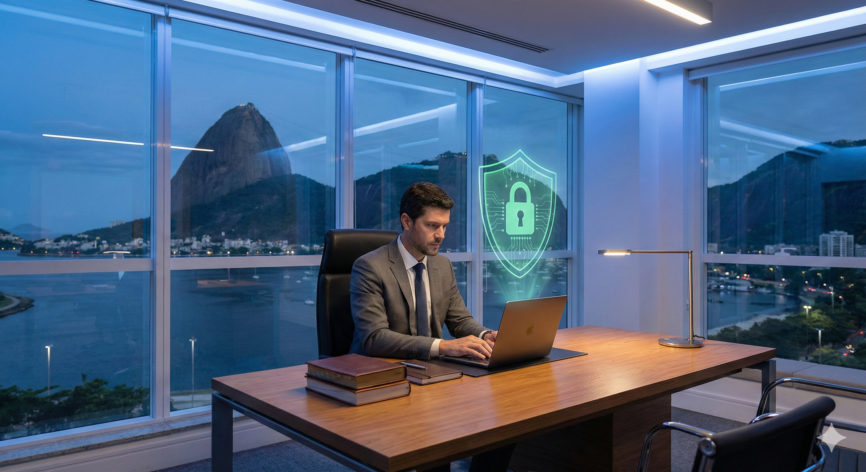 Advogado no Rio de Janeiro usando notebook seguro com suporte de TI para PJe e sistemas jurídicos